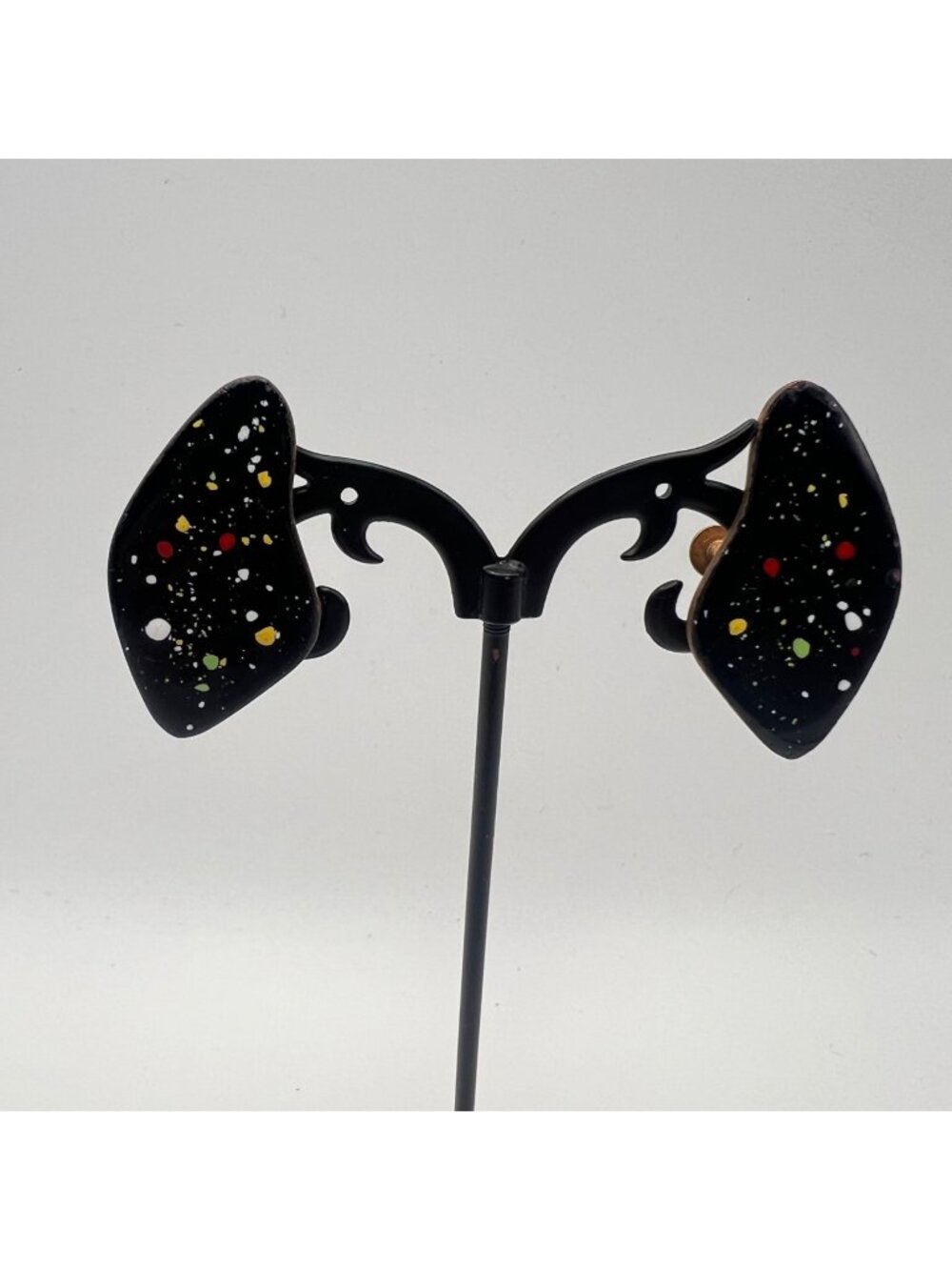 Vintage Copper Enamel Confetti Earrings Black Multicolor Screw Back MCM